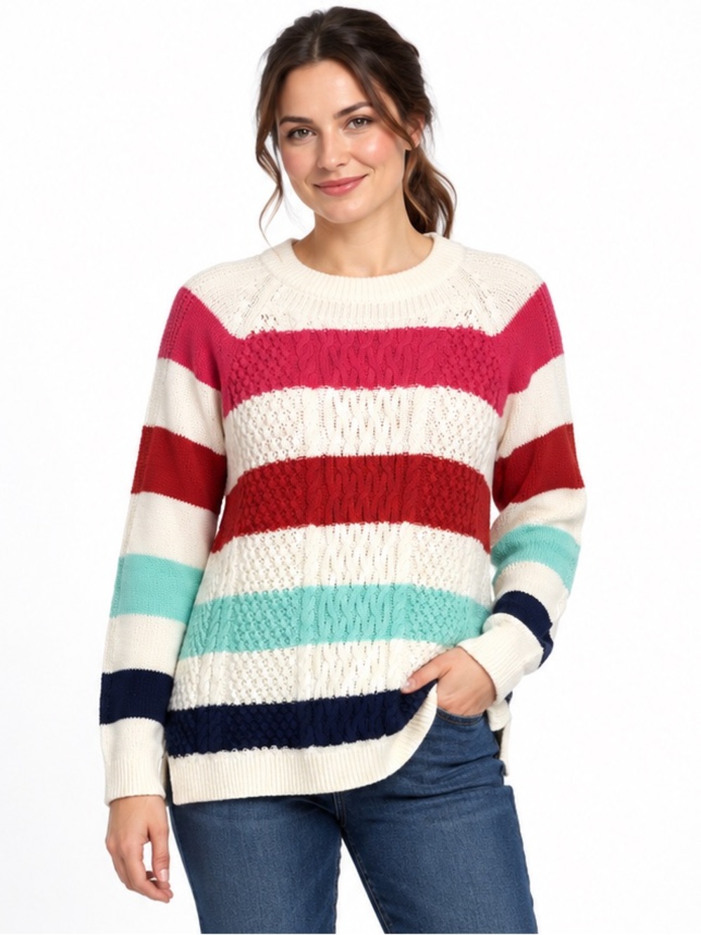 Crown & Ivy Multicolor Striped Cable Knit Cotton Blend Sweater Size L